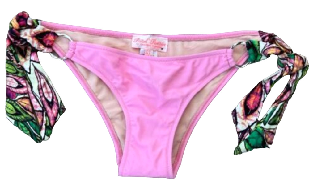 NEW PISTOL PANTIES CHARLOTTE PINK FEATHER SIDE TIE BIKINI SWIMSUIT BOTTOMS SZ 6
